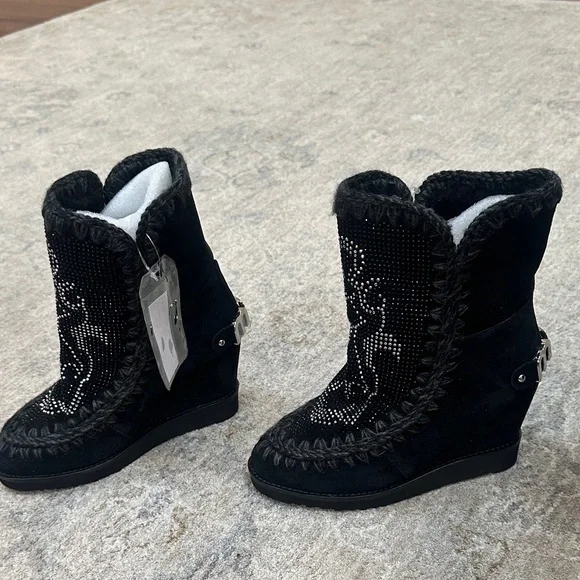 Mou brand- Black Suede Women's Boots with Rhinestone Detail - wedge heel inside - Picture 8 of 8